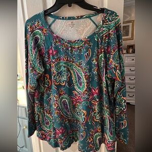 T by Talbots Floral Paisley Green Cotton Modal L/S Top SZ 1X